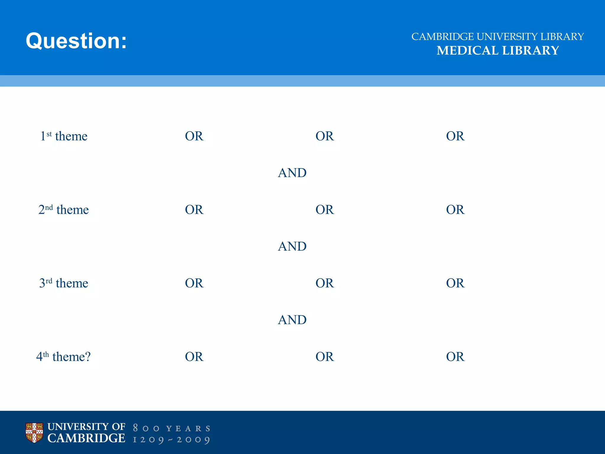Question:

1st theme

CAMBRIDGE UNIVERSITY LIBRARY

MEDICAL LIBRARY

OR

OR

OR

OR

OR

OR

OR

OR

OR

AND
2nd theme

OR
AND

3rd theme

OR
AND

4th theme?

OR

 