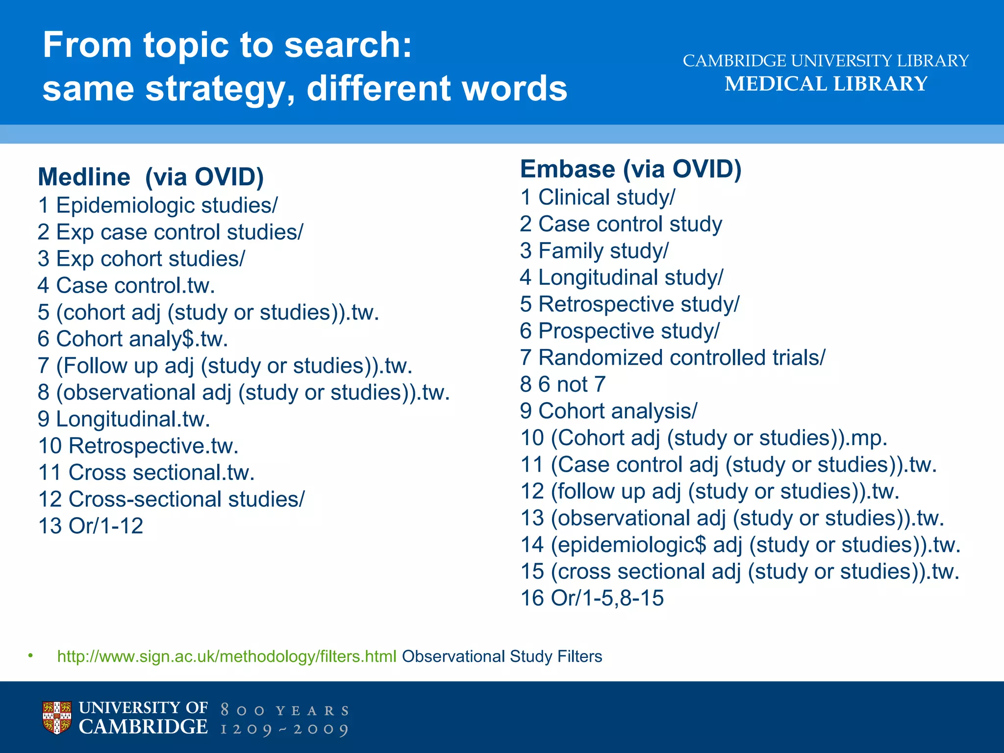 From topic to search:
same strategy, different words
Medline (via OVID)
1 Epidemiologic studies/
2 Exp case control studies/
3 Exp cohort studies/
4 Case control.tw.
5 (cohort adj (study or studies)).tw.
6 Cohort analy$.tw.
7 (Follow up adj (study or studies)).tw.
8 (observational adj (study or studies)).tw.
9 Longitudinal.tw.
10 Retrospective.tw.
11 Cross sectional.tw.
12 Cross-sectional studies/
13 Or/1-12

•

CAMBRIDGE UNIVERSITY LIBRARY

MEDICAL LIBRARY

Embase (via OVID)
1 Clinical study/
2 Case control study
3 Family study/
4 Longitudinal study/
5 Retrospective study/
6 Prospective study/
7 Randomized controlled trials/
8 6 not 7
9 Cohort analysis/
10 (Cohort adj (study or studies)).mp.
11 (Case control adj (study or studies)).tw.
12 (follow up adj (study or studies)).tw.
13 (observational adj (study or studies)).tw.
14 (epidemiologic$ adj (study or studies)).tw.
15 (cross sectional adj (study or studies)).tw.
16 Or/1-5,8-15

http://www.sign.ac.uk/methodology/filters.html Observational Study Filters

 