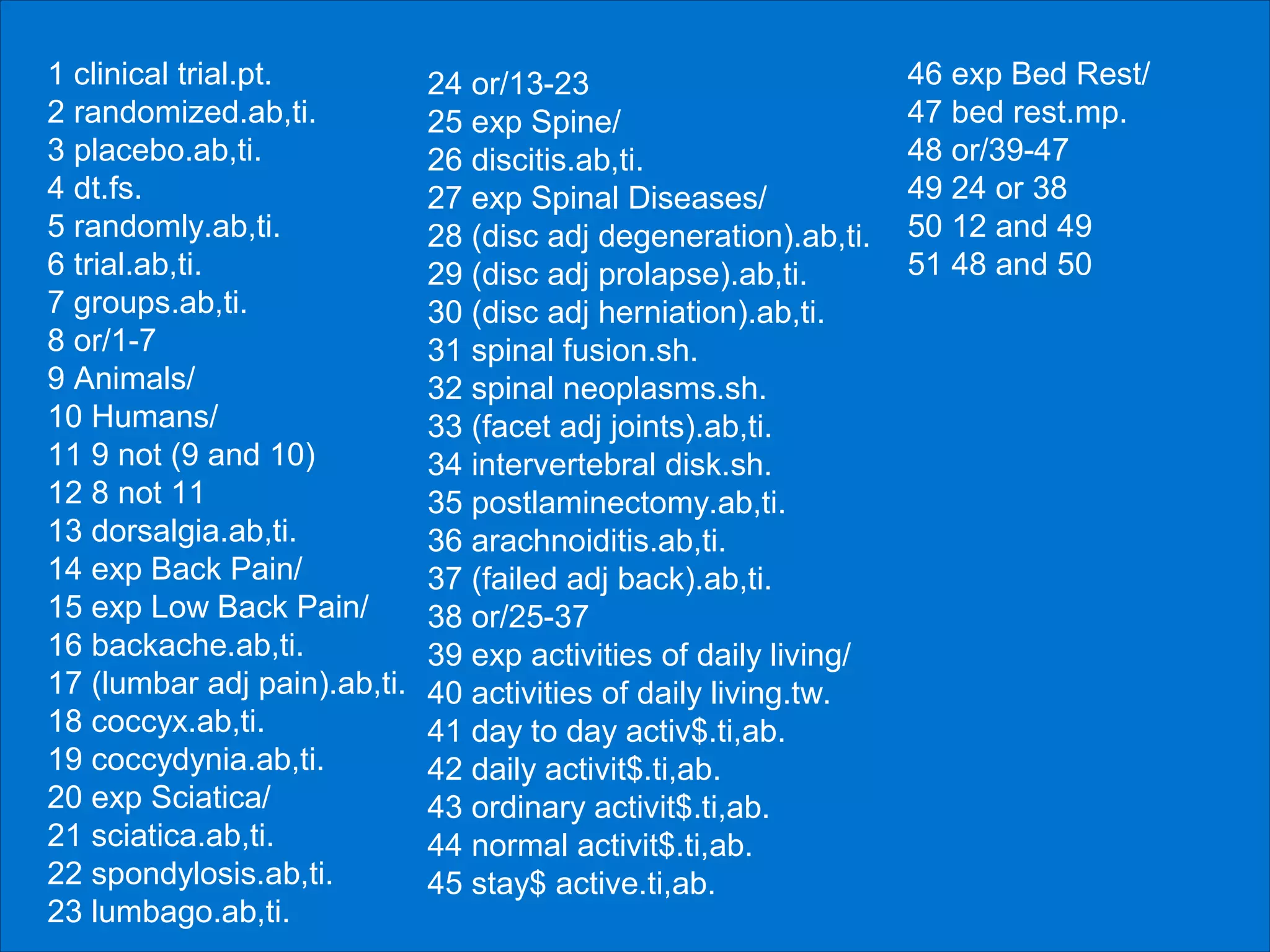 1 clinical trial.pt.
2 randomized.ab,ti.
3 placebo.ab,ti.
4 dt.fs.
5 randomly.ab,ti.
6 trial.ab,ti.
7 groups.ab,ti.
8 or/1-7
9 Animals/
10 Humans/
11 9 not (9 and 10)
12 8 not 11
13 dorsalgia.ab,ti.
14 exp Back Pain/
15 exp Low Back Pain/
16 backache.ab,ti.
17 (lumbar adj pain).ab,ti.
18 coccyx.ab,ti.
19 coccydynia.ab,ti.
20 exp Sciatica/
21 sciatica.ab,ti.
22 spondylosis.ab,ti.
23 lumbago.ab,ti.

CAMBRIDGE UNIVERSITY LIBRARY
46 exp Bed Rest/
24 or/13-23
MEDICAL LIBRARY
47 bed rest.mp.
25 exp Spine/
48 or/39-47
26 discitis.ab,ti.
49 24 or 38
27 exp Spinal Diseases/
28 (disc adj degeneration).ab,ti. 50 12 and 49
51 48 and 50
29 (disc adj prolapse).ab,ti.
30 (disc adj herniation).ab,ti.
31 spinal fusion.sh.
32 spinal neoplasms.sh.
33 (facet adj joints).ab,ti.
34 intervertebral disk.sh.
35 postlaminectomy.ab,ti.
36 arachnoiditis.ab,ti.
37 (failed adj back).ab,ti.
38 or/25-37
39 exp activities of daily living/
40 activities of daily living.tw.
41 day to day activ$.ti,ab.
42 daily activit$.ti,ab.
43 ordinary activit$.ti,ab.
44 normal activit$.ti,ab.
45 stay$ active.ti,ab.

 