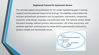 Registered Protocol for Systematic Review
The rationale explains the justification for the review, highlighting gaps in existing
research and the potential impact of the findings. The eligibility criteria define the
inclusion and exclusion parameters such as population, intervention, comparison,
outcomes, study design, language, and publication date. The methods section details
the search strategy, selection process, data extraction, risk of bias assessment, and
synthesis approach, outlining how the review will be systematically conducted to
produce reliable and reproducible results.
 