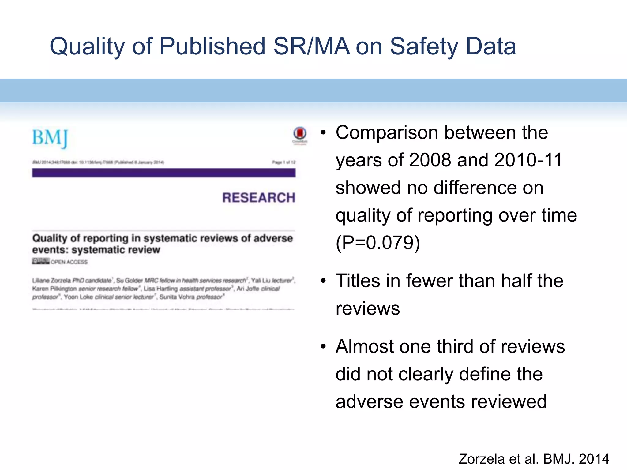 Quality of Published SR/MA on Safety Data
• Comparison between the
years of 2008 and 2010-11
showed no difference on
quality of reporting over time
(P=0.079)
• Titles in fewer than half the
reviews
• Almost one third of reviews
did not clearly define the
adverse events reviewed
Zorzela et al. BMJ. 2014
 