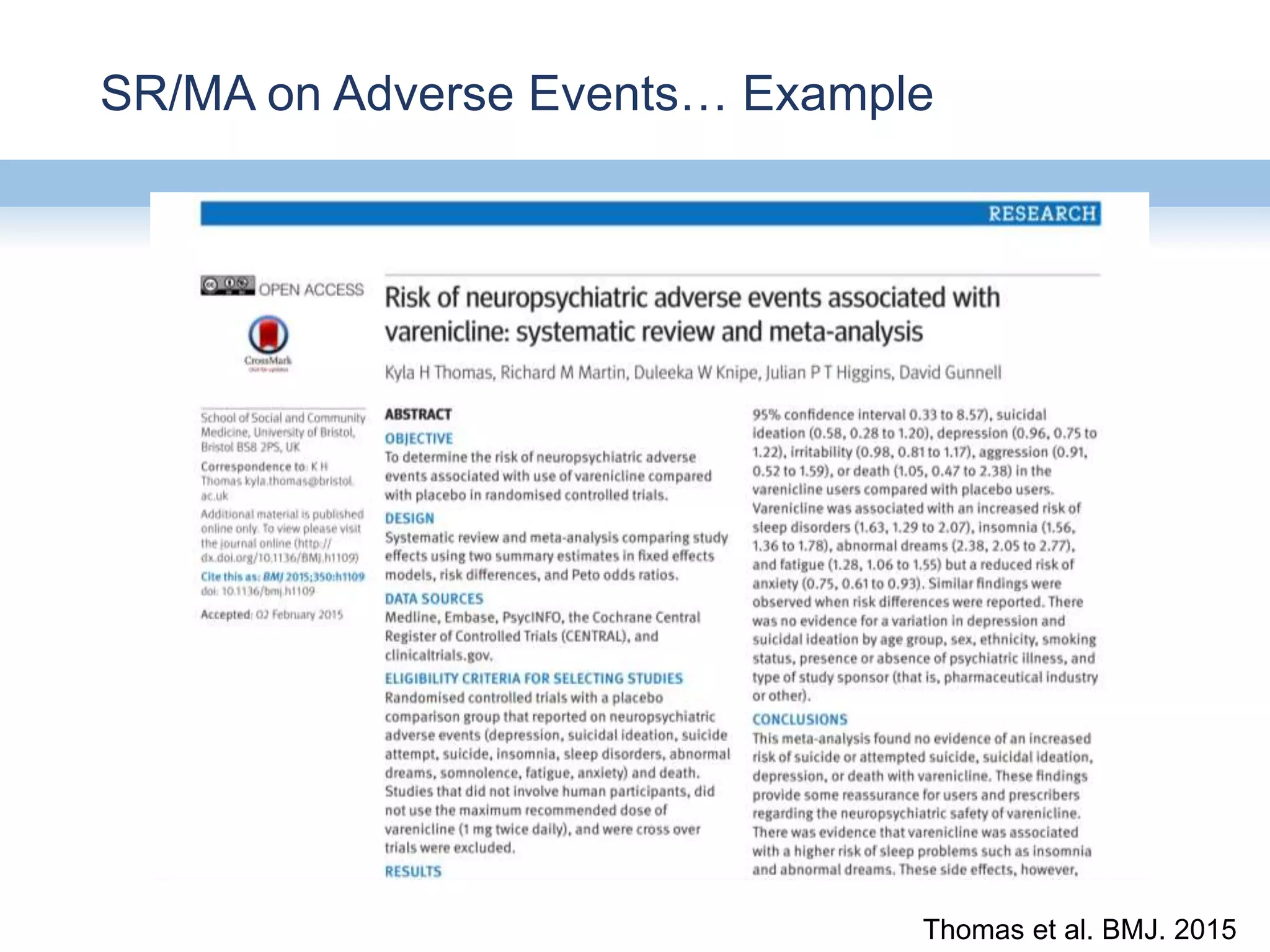 SR/MA on Adverse Events… Example
Thomas et al. BMJ. 2015
 