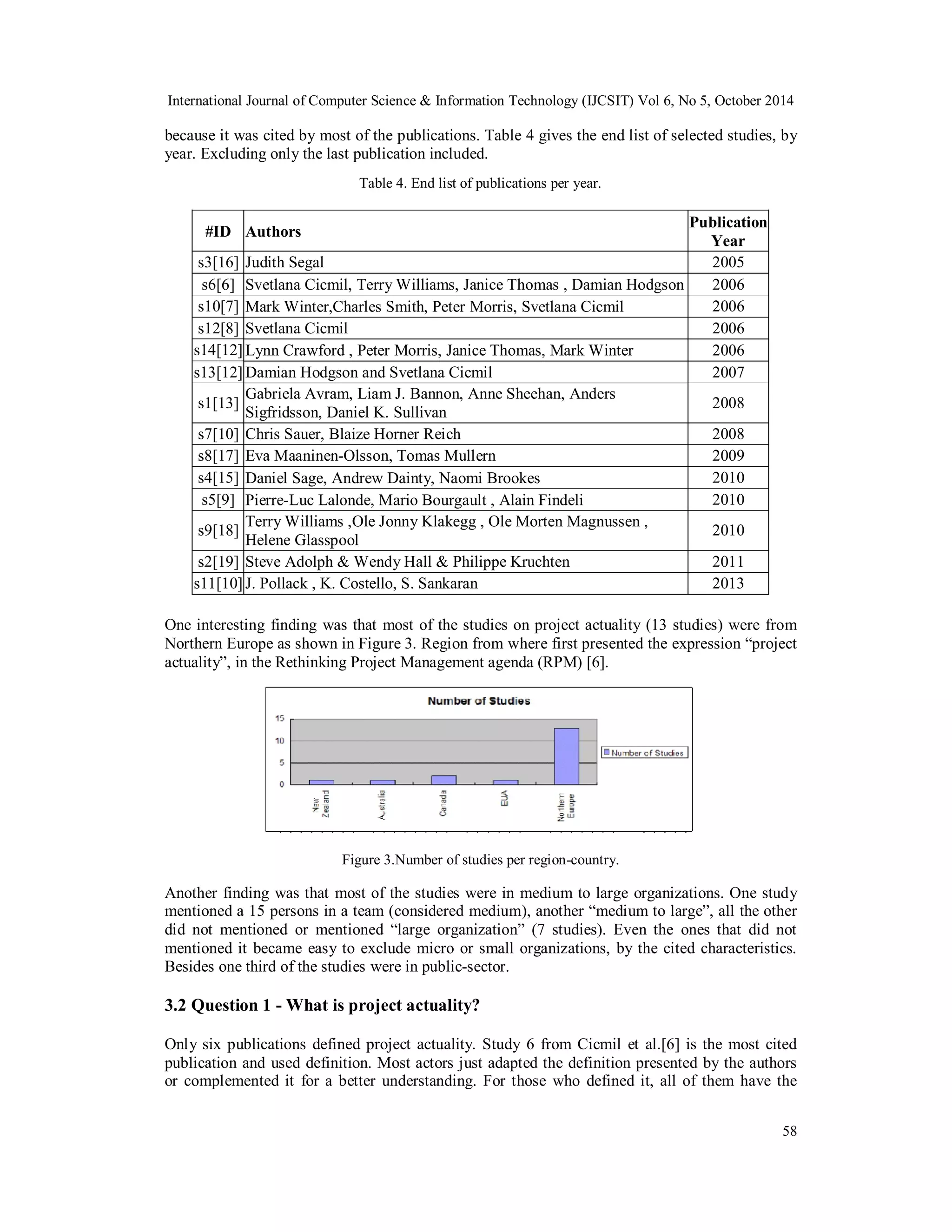 International Journal of Computer Science & Information Technology (IJCSIT) Vol 6, No 5, October 2014 
because it was cited by most of the publications. Table 4 gives the end list of selected studies, by 
year. Excluding only the last publication included. 
58 
Table 4. End list of publications per year. 
#ID Authors Publication 
Year 
s3[16] Judith Segal 2005 
s6[6] Svetlana Cicmil, Terry Williams, Janice Thomas , Damian Hodgson 2006 
s10[7] Mark Winter,Charles Smith, Peter Morris, Svetlana Cicmil 2006 
s12[8] Svetlana Cicmil 2006 
s14[12] Lynn Crawford , Peter Morris, Janice Thomas, Mark Winter 2006 
s13[12] Damian Hodgson and Svetlana Cicmil 2007 
s1[13] Gabriela Avram, Liam J. Bannon, Anne Sheehan, Anders 
Sigfridsson, Daniel K. Sullivan 2008 
s7[10] Chris Sauer, Blaize Horner Reich 2008 
s8[17] Eva Maaninen-Olsson, Tomas Mullern 2009 
s4[15] Daniel Sage, Andrew Dainty, Naomi Brookes 2010 
s5[9] Pierre-Luc Lalonde, Mario Bourgault , Alain Findeli 2010 
s9[18] Terry Williams ,Ole Jonny Klakegg , Ole Morten Magnussen , 
Helene Glasspool 2010 
s2[19] Steve Adolph & Wendy Hall & Philippe Kruchten 2011 
s11[10] J. Pollack , K. Costello, S. Sankaran 2013 
One interesting finding was that most of the studies on project actuality (13 studies) were from 
Northern Europe as shown in Figure 3. Region from where first presented the expression “project 
actuality”, in the Rethinking Project Management agenda (RPM) [6]. 
Figure 3.Number of studies per region-country. 
Another finding was that most of the studies were in medium to large organizations. One study 
mentioned a 15 persons in a team (considered medium), another “medium to large”, all the other 
did not mentioned or mentioned “large organization” (7 studies). Even the ones that did not 
mentioned it became easy to exclude micro or small organizations, by the cited characteristics. 
Besides one third of the studies were in public-sector. 
3.2 Question 1 - What is project actuality? 
Only six publications defined project actuality. Study 6 from Cicmil et al.[6] is the most cited 
publication and used definition. Most actors just adapted the definition presented by the authors 
or complemented it for a better understanding. For those who defined it, all of them have the 
 