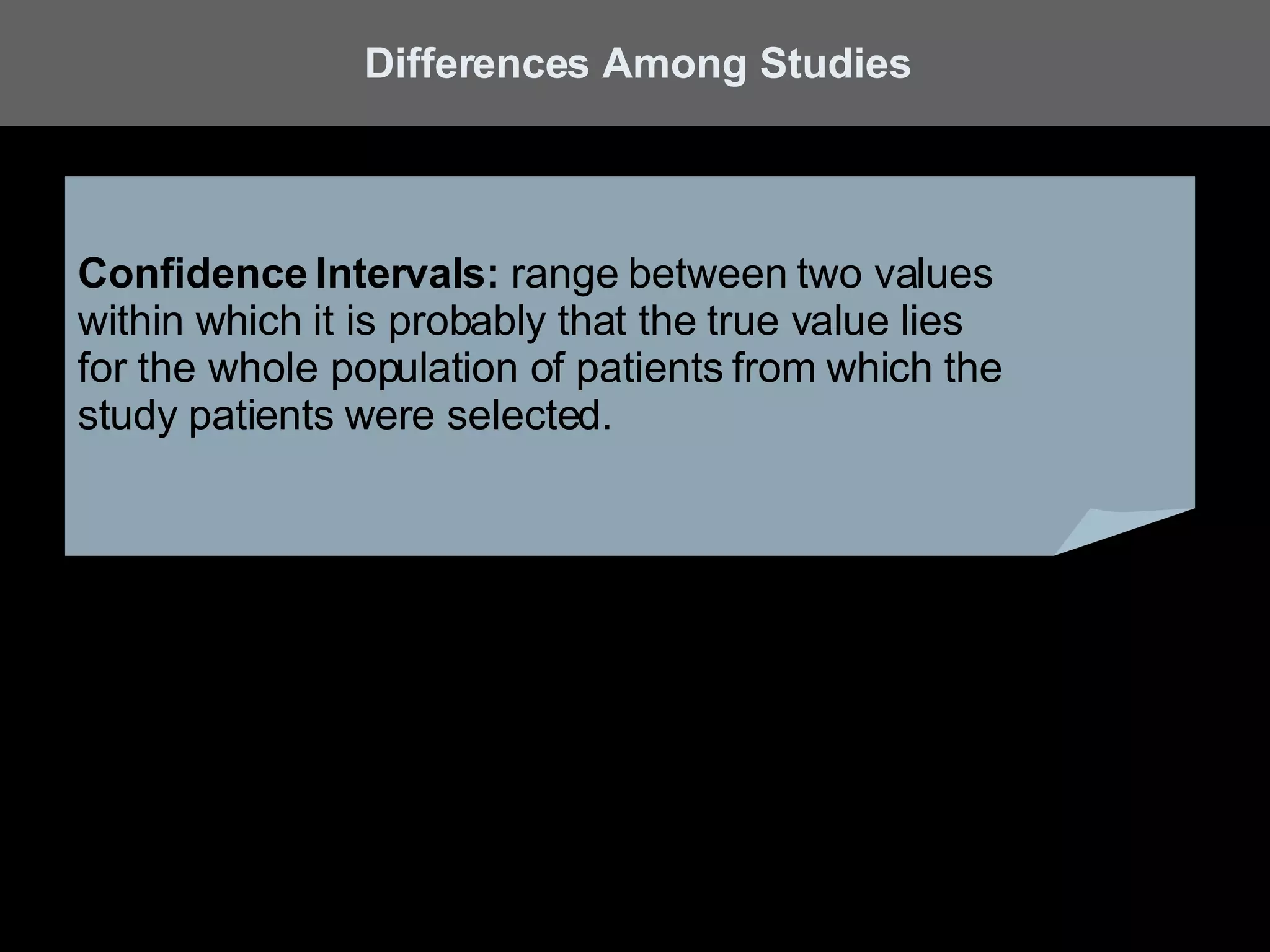 Confidence Intervals:  range between two values within which it is probably that the true value lies for the whole population of patients from which the study patients were selected. Differences Among Studies 