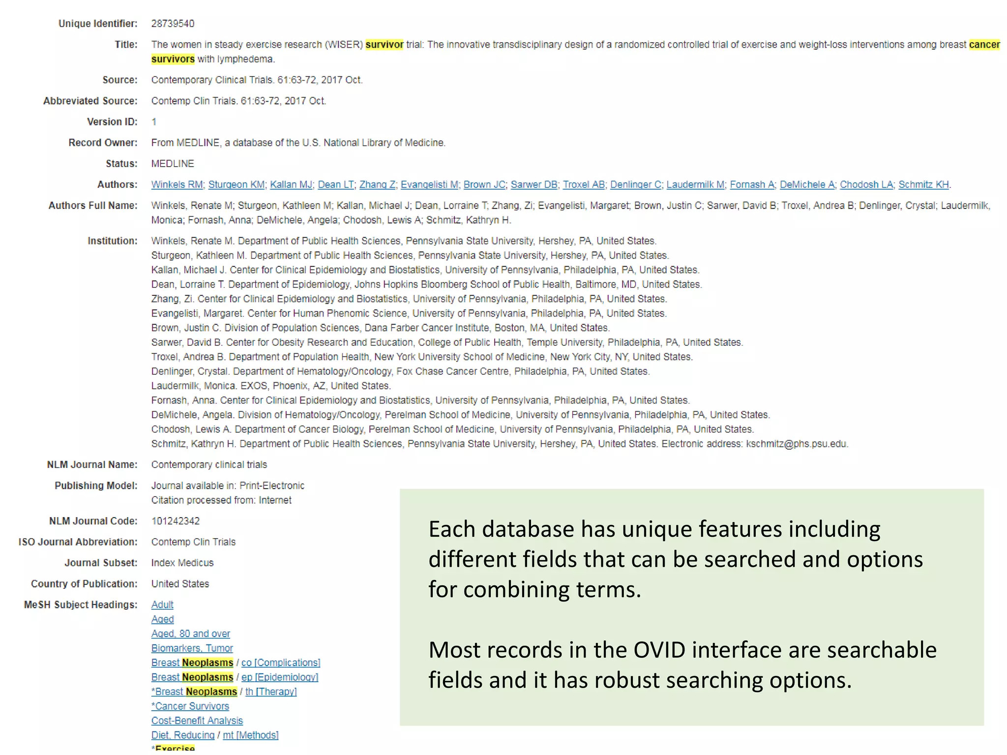 Each database has unique features including
different fields that can be searched and options
for combining terms.
Most records in the OVID interface are searchable
fields and it has robust searching options.
 