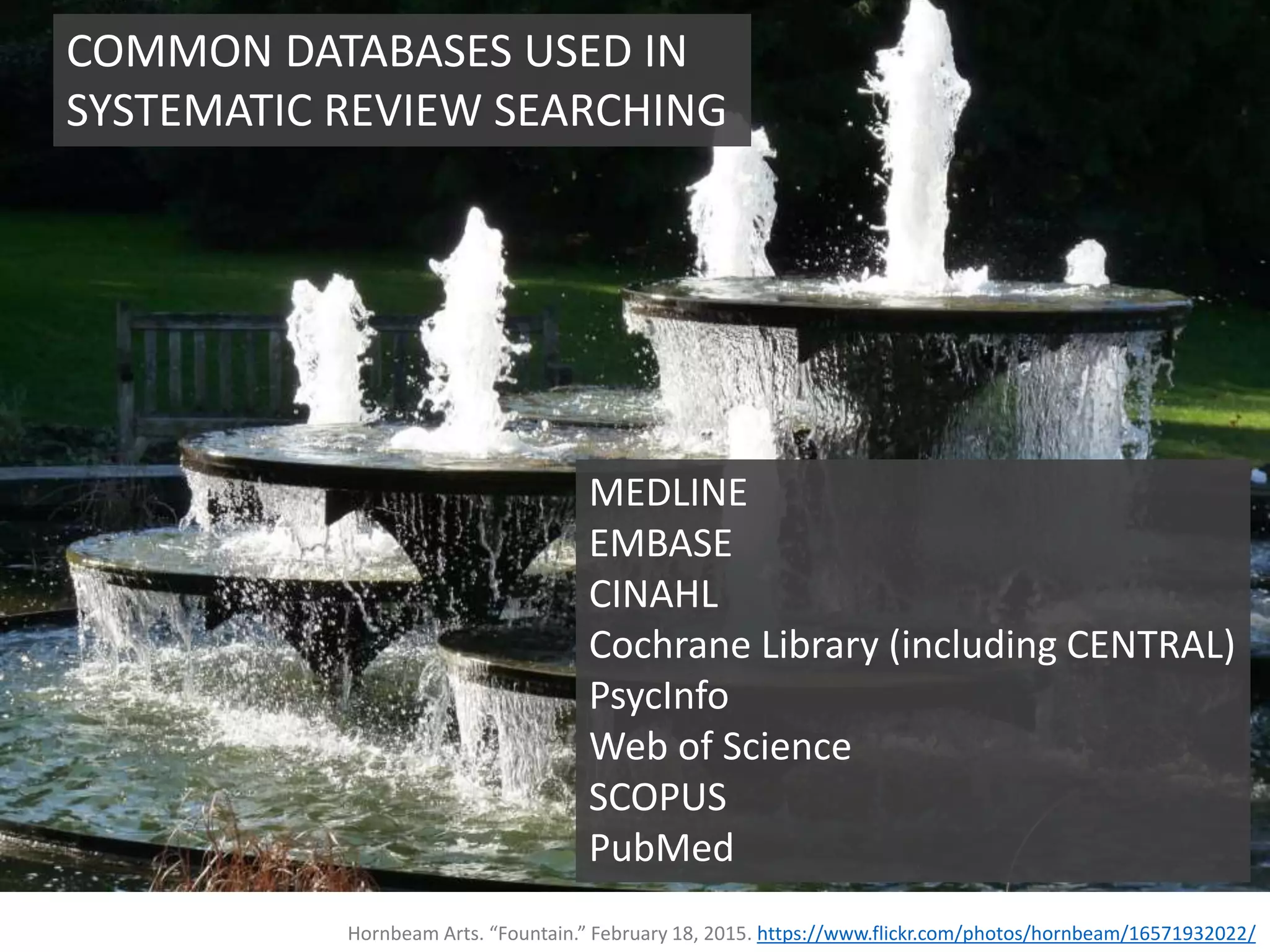 Hornbeam Arts. “Fountain.” February 18, 2015. https://www.flickr.com/photos/hornbeam/16571932022/
MEDLINE
EMBASE
CINAHL
Cochrane Library (including CENTRAL)
PsycInfo
Web of Science
SCOPUS
PubMed
COMMON DATABASES USED IN
SYSTEMATIC REVIEW SEARCHING
 