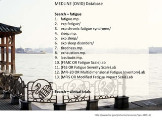 http://www.loc.gov/pictures/resource/ppss.00516/
MEDLINE (OVID) Database
Search – fatigue
1. fatigue.mp.
2. exp fatigue/
3...