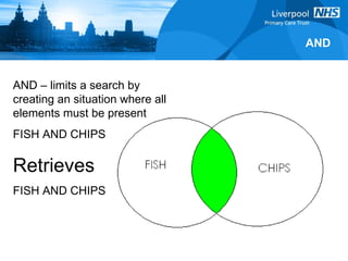 AND AND – limits a search by creating an situation where all elements must be present FISH AND CHIPS Retrieves FISH AND CHIPS 