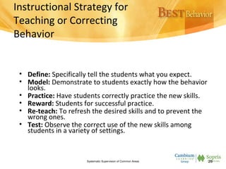 Instructional Strategy for
Teaching or Correcting
Behavior
• Define: Specifically tell the students what you expect.
• Model: Demonstrate to students exactly how the behavior
looks.
• Practice: Have students correctly practice the new skills.
• Reward: Students for successful practice.
• Re-teach: To refresh the desired skills and to prevent the
wrong ones.
• Test: Observe the correct use of the new skills among
students in a variety of settings.
Systematic Supervision of Common Areas 26
 