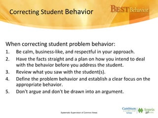 Correcting Student Behavior
When correcting student problem behavior:
1. Be calm, business-like, and respectful in your approach.
2. Have the facts straight and a plan on how you intend to deal
with the behavior before you address the student.
3. Review what you saw with the student(s).
4. Define the problem behavior and establish a clear focus on the
appropriate behavior.
5. Don't argue and don't be drawn into an argument.
Systematic Supervision of Common Areas 27
 