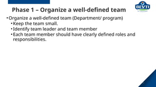 Phase 1 – Organize a well-defined team
•Organize a well-defined team (Department/ program)
•Keep the team small.
•Identify team leader and team member
•Each team member should have clearly defined roles and
responsibilities.
23
 