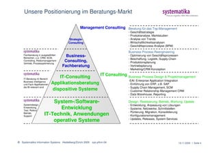 Unsere Positionierung im Beratungs-Markt

                                                Management Consulting     Beratung für das Top-Management
                                                                          - Geschäftsstrategie
                                                                          - Produktanalyse, Marktstudien
                                       Strategie-                         - Analyse von Trends
                                       Consulting                         - Wirtschaftlichkeitsanalysen
                                                                          - Geschäftsprozess-Analyse (BPM)

                                                                          Business Process Reengineering
    Fachberatung in ausgewählten                                          - Optimierung von Geschäftsprozessen
    Bereichen, u.a. CRM, SCM,
                                      Business-
                                                                          - Beschaffung, Logistik, Supply Chain
    Controlling, Risikomanagement    Consulting,                          - Produktionsplanung
    Vertrieb, Prozessoptimierung
                                    Fachberatung                          - Vertriebsplanung
                                                                          - Marketing/CRM-Konzeption

                                                   IT Consulting
    IT-Beratung im Bereich
                                 IT-Consulting                            Business Process Design & Projektmanagement
    Business Intelligence                                                 -EAI: Enterprise Application Integration
    und Fach-Applikationen,   Applikationsberatung                        - Einführung von ERP, z.B. SAP
    die BI-relevant sind                                                  - Supply Chain Management, SCM
                              dispositive Systeme                         - Customer Relationship Management CRM
                                                                          - Data Warehouse, Reporting
                                                                          -
    Systemdesign,
                          System-/Software-                               Design, Realisierung, Betrieb, Wartung, Update
                                                                          - Entwicklung, Anpassung von Lösungen
    Entwicklung,
    Test, Rollout
                             Entwicklung                                  - Systeme, Netzwerke, Schnittstellen
                                                                          - Portierung, Migration, Konsolidierung
    Betrieb,
    Support
                      IT-Technik, Anwendungen                             - Konfigurationsmanagement
                                                                          - Updates, Releases, System-Services
                          operative Systeme



© Systematika Information Systems Heidelberg/Zürich 2009   sys-pfirm-04                                           19.11.2009 l Seite 4
 