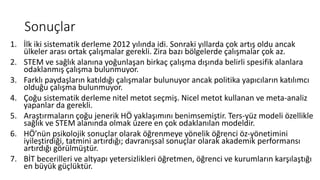 Sonuçlar
1. İlk iki sistematik derleme 2012 yılında idi. Sonraki yıllarda çok artış oldu ancak
ülkeler arası ortak çalışmalar gerekli. Zira bazı bölgelerde çalışmalar çok az.
2. STEM ve sağlık alanına yoğunlaşan birkaç çalışma dışında belirli spesifik alanlara
odaklanmış çalışma bulunmuyor.
3. Farklı paydaşların katıldığı çalışmalar bulunuyor ancak politika yapıcıların katılımcı
olduğu çalışma bulunmuyor.
4. Çoğu sistematik derleme nitel metot seçmiş. Nicel metot kullanan ve meta-analiz
yapanlar da gerekli.
5. Araştırmaların çoğu jenerik HÖ yaklaşımını benimsemiştir. Ters-yüz modeli özellikle
sağlık ve STEM alanında olmak üzere en çok odaklanılan modeldir.
6. HÖ’nün psikolojik sonuçlar olarak öğrenmeye yönelik öğrenci öz-yönetimini
iyileştirdiği, tatmini artırdığı; davranışsal sonuçlar olarak akademik performansı
artırdığı görülmüştür.
7. BİT becerilleri ve altyapı yetersizlikleri öğretmen, öğrenci ve kurumların karşılaştığı
en büyük güçlüktür.
 