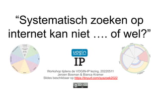 “Systematisch zoeken op
internet kan niet …. of wel?”
Workshop tijdens de VOGIN-IP lezing, 20220511
Jeroen Bosman & Bianca Kramer
Slides beschikbaar op https://tinyurl.com/syszoek2022
 
