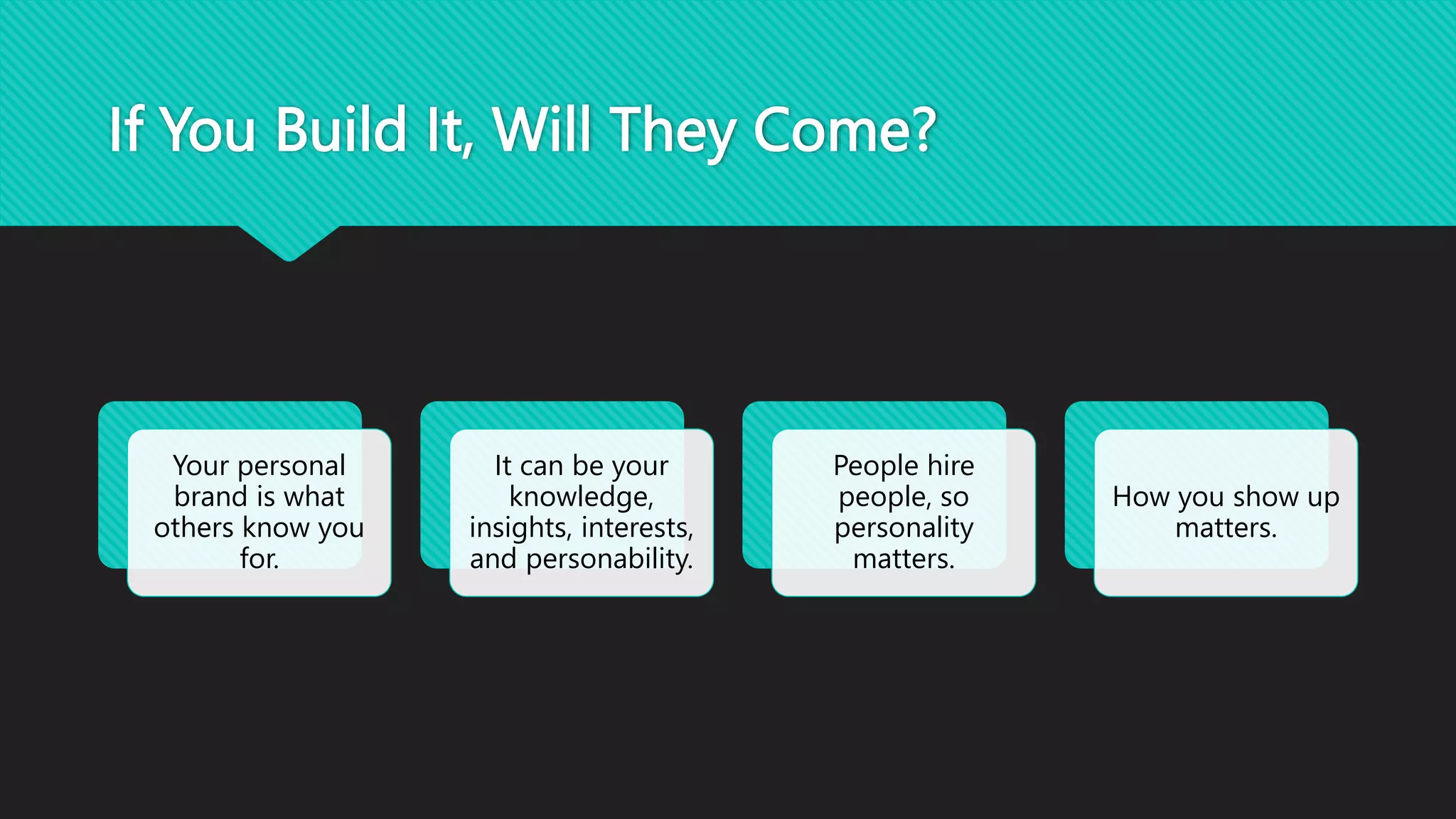 If You Build It, Will They Come?
Your personal
brand is what
others know you
for.
It can be your
knowledge,
insights, interests,
and personability.
People hire
people, so
personality
matters.
How you show up
matters.
 