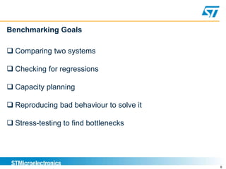 8
 Comparing two systems
 Checking for regressions
 Capacity planning
 Reproducing bad behaviour to solve it
 Stress-testing to find bottlenecks
Benchmarking Goals
 