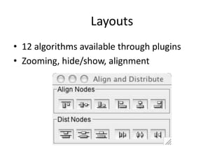 Layouts
• 12 algorithms available through plugins
• Zooming, hide/show, alignment
 