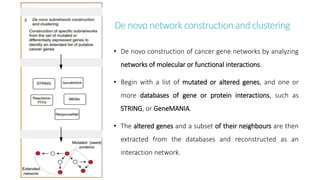 De novo networkconstructionandclustering
• De novo construction of cancer gene networks by analyzing
networks of molecular or functional interactions.
• Begin with a list of mutated or altered genes, and one or
more databases of gene or protein interactions, such as
STRING, or GeneMANIA.
• The altered genes and a subset of their neighbours are then
extracted from the databases and reconstructed as an
interaction network.
 