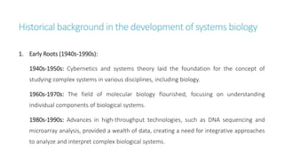 Historical background in the development of systems biology
1. Early Roots (1940s-1990s):
1940s-1950s: Cybernetics and systems theory laid the foundation for the concept of
studying complex systems in various disciplines, including biology.
1960s-1970s: The field of molecular biology flourished, focusing on understanding
individual components of biological systems.
1980s-1990s: Advances in high-throughput technologies, such as DNA sequencing and
microarray analysis, provided a wealth of data, creating a need for integrative approaches
to analyze and interpret complex biological systems.
 