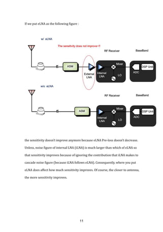 If we put eLNA as the following figure :
the sensitivity doesn’t improve anymore because eLNA Pre-loss doesn’t decrease.
Unless, noise figure of internal LNA (iLNA) is much larger than which of eLNA so
that sensitivity improves because of ignoring the contribution that iLNA makes to
cascade noise figure (because iLNA follows eLNA). Consequently, where you put
eLNA does affect how much sensitivity improves. Of course, the closer to antenna,
the more sensitivity improves.
11
 
