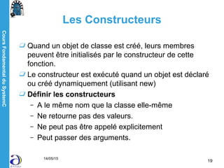 CoursFondamentalduSystemC
14/05/15
19
Les Constructeurs
Quand un objet de classe est créé, leurs membres
peuvent être initialisés par le constructeur de cette
fonction.
Le constructeur est exécuté quand un objet est déclaré
ou créé dynamiquement (utilisant new)
Définir les constructeurs
– A le même nom que la classe elle-même
– Ne retourne pas des valeurs.
– Ne peut pas être appelé explicitement
– Peut passer des arguments.
 
