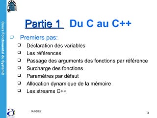 CoursFondamentalduSystemC
14/05/15
3
Premiers pas:
 Déclaration des variables
 Les références
 Passage des arguments des fonctions par référence
 Surcharge des fonctions
 Paramètres par défaut
 Allocation dynamique de la mémoire
 Les streams C++
Partie 1Partie 1 Du C au C++
 