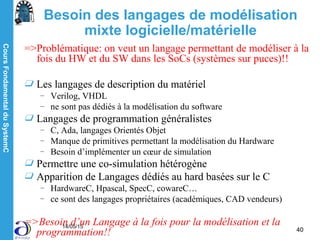 CoursFondamentalduSystemC
14/05/15
40
Besoin des langages de modélisation
mixte logicielle/matérielle
=>Problématique: on veut un langage permettant de modéliser à la
fois du HW et du SW dans les SoCs (systèmes sur puces)!!
Les langages de description du matériel
– Verilog, VHDL
– ne sont pas dédiés à la modélisation du software
Langages de programmation généralistes
– C, Ada, langages Orientés Objet
– Manque de primitives permettant la modélisation du Hardware
– Besoin d’implémenter un cœur de simulation
Permettre une co-simulation hétérogène
Apparition de Langages dédiés au hard basées sur le C
– HardwareC, Hpascal, SpecC, cowareC…
– ce sont des langages propriétaires (académiques, CAD vendeurs)
=>Besoin d’un Langage à la fois pour la modélisation et la
programmation!!
 