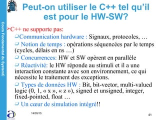 CoursFondamentalduSystemC
14/05/15
41
Peut-on utiliser le C++ tel qu’il
est pour le HW-SW?
C++ ne supporte pas:
Communication hardware : Signaux, protocoles, …
Notion de temps : opérations séquencées par le temps
(cycles, délais en ns …)
Concurrences: HW et SW opèrent en parallèle
Réactivité: le HW réponde au stimuli et il a une
interaction constante avec son environnement, ce qui
nécessite le traitement des exceptions.
Types de données HW : Bit, bit-vector, multi-valued
logic (0, 1, « x », « z »), signed et unsigned, integer,
fixed-pointed, float …
Un cœur de simulation intégré!!
 