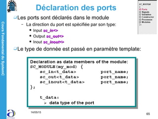 CoursFondamentalduSystemC
14/05/15
65
Déclaration des ports
Les ports sont déclarés dans le module
– La direction du port est spécifiée par son type:
 Input sc_in<>sc_in<>
 Output sc_out<>sc_out<>
 Inout sc_inout<>sc_inout<>
Le type de donnée est passé en paramètre template:
 
