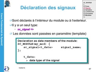 CoursFondamentalduSystemC
14/05/15
67
Déclaration des signaux
Sont déclarés à l’intérieur du module ou à l’exterieur.
Il y a un seul type:
– sc_signal <>sc_signal <>
Les données sont passées en paramètre (template)
 