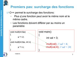 CoursFondamentalduSystemC
14/05/15
7
Premiers pas: surcharge des fonctions
C++ permet le surcharge des fonctions:
– Plus q’une fonction peut avoir le même nom et le
même cadre.
– Les fonctions doivent différer par au moins un
paramètre
void mult(int &a)
{
a *= 2;
}
void mult(int &a, int n)
{
a *= n;
}
void main()
{
int val = 3;
mult(val); // val = 6;
mult(val,4); // val = 24;
}
 