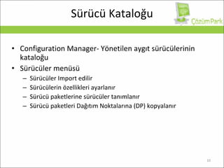 Sürücü Kataloğu Configuration Manager-  Yönetilen aygıt sürücülerinin kataloğu Sürücüler   menüsü Sürücüler Import edilir Sürücülerin özellikleri ayarlanır  Sürücü paketlerine sürücüler tanımlanır Sürücü paketleri Dağıtım Noktalarına (DP) kopyalanır 