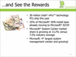 … and See the Rewards 30 million Intel ®  vPro™ technology PCs ship this year 25% of Microsoft ®  SMS install base already moving to Microsoft ®  SCCM Microsoft ®  System Center market share is growing at 13.2% versus 7.5% industry average Microsoft: 4 th  largest system management vendor and growing! Money in your pocket! 