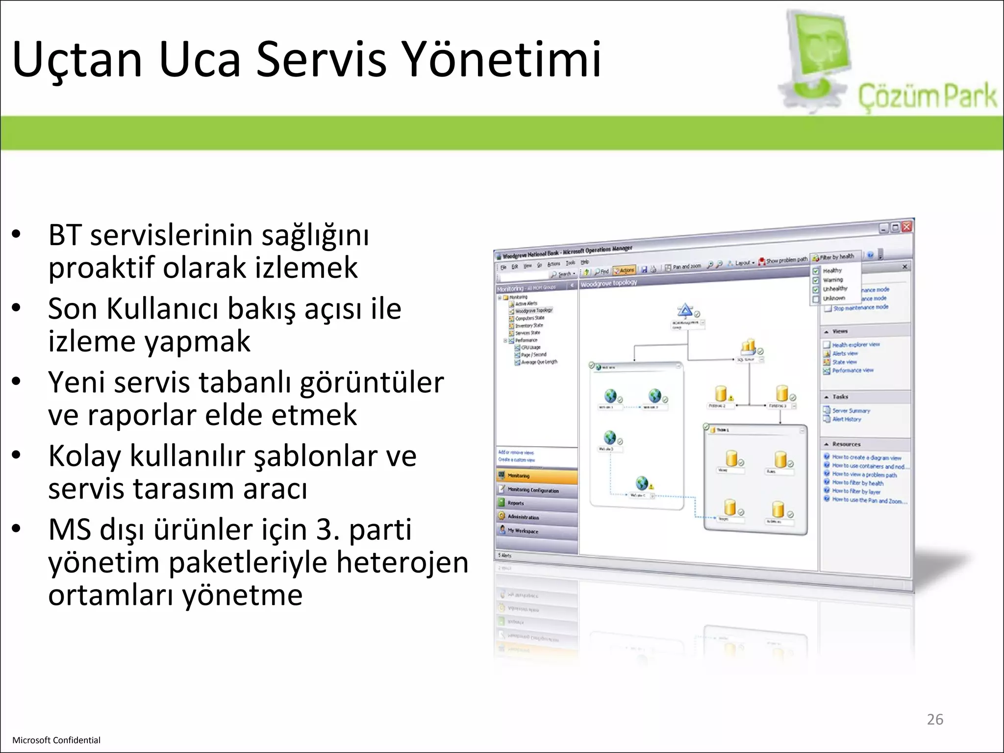 Uçtan Uca Servis Yönetimi  BT servislerinin sağlığını proaktif olarak izlemek Son Kullanıcı bakış açısı ile izleme yapmak Yeni servis tabanlı görüntüler ve raporlar elde etmek Kolay kullanılır şablonlar ve servis tarasım aracı MS dışı ürünler için 3. parti yönetim paketleriyle heterojen ortamları yönetme 