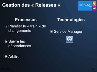 Gestion des « Releases »


           Processus               Technologies
      Planifier le « train » de
      changements                 Service Manager

      Suivre les
      dépendances

      Arbitrer


4/9/2013                                            21
 
