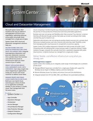 Cloud and Datacenter Management
Microsoft System Center 2012           Cloud computing is transforming the way enterprises provide and consume IT services with
transforms the way you deliver IT      the promise of more productive infrastructure and more predictable applications.
and application services to your       Business users see cost savings and flexibility when they consume IT as a Service—a service
organization, optimizing resources     that they self-allocate through a portal, that scales up or down according to their needs,
across public and private cloud,       and that they pay for based on use.
managed from a single pane of glass.
                                       Datacenter administrators see cost savings by pooling shared resources into a private cloud
System Center 2012 cloud and           that serves multiple business users who consume only what they need. Flexibility comes
datacenter management solutions        from leveraging public cloud resources to complement on-premises capacity.
help you:
                                       System Center 2012 enables enterprises to benefit from both private and public cloud
DELIVER FLEXIBLE AND COST-             computing while still satisfying their unique business needs. It organizes existing IT assets
EFFECTIVE INFRASTRUCTURE USING         (network, storage, compute) into a private cloud that is seamlessly integrated with public
WHAT YOU ALREADY OWN. Integrate        cloud services—a hybrid cloud you can manage from a single pane of glass.
heterogeneous datacenters and
pool your datacenter resources
into a private cloud. Give business    Deliver flexible, cost-effective infrastructure using what you
users self-service access to           already own
infrastructure while you retain
control of your IT assets.             Heterogeneous support
                                       System Center 2012 enables you to integrate a wide range of technologies into a coherent
PREDICT APPLICATION SERVICE            private cloud:
LEVEL AGREEMENTS (SLAS ) WITH
                                       n	   Manage different hypervisors centrally from a single pane of glass with support for
CONFIDENCE. Gain deep insight into
                                            Windows Server Hyper-V, VMWare vSphere, and Citrix XenServer.
what’s happening to applications
inside your servers and virtual        n	   Monitor Windows Server, Sun Solaris, and various Linux and Unix distributions.
machines to address issues faster.     n	   Integrate toolsets from HP, CA, BMC, EMC, and VMware into automated workflows.
MANAGE PRIVATE AND PUBLIC
CLOUD COMPUTING IN ONE PLACE.
Build your own hybrid cloud,
exercising your choice of where
to run application workloads,
whether in your private or a public
cloud. Then manage both from
the same screen.



                                                                     Hyper-V
                                                                                    TM




	 – App Controller
	 – Operations Manager
	 – Orchestrator
	 – Service Manager
	 – Virtual Machine Manager
	 – Data Protection Manager
	 – Endpoint Protection
	 – Configuration Manager
                                       Create clouds from your existing IT infrastructure.	
 