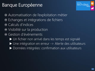 Banque Européenne

  Automatisation de l’exploitation métier
  Echanges et intégrations de fichiers
  Calculs d’indices
  Visibilité sur la production
  Gestion d’événements
    Un fichier non arrivé dans les temps est signalé
    Une intégration en erreur -> Alerte des utilisateurs
    Données intégrées: confirmation aux utilisateurs
 