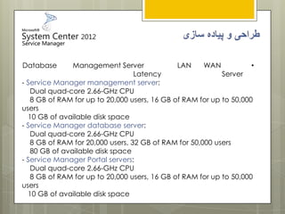 •WANLANManagement ServerDatabase
ServerLatency
- Service Manager management server:
Dual quad-core 2.66-GHz CPU
8 GB of RAM for up to 20,000 users, 16 GB of RAM for up to 50,000
users
10 GB of available disk space
- Service Manager database server:
Dual quad-core 2.66-GHz CPU
8 GB of RAM for 20,000 users, 32 GB of RAM for 50,000 users
80 GB of available disk space
- Service Manager Portal servers:
Dual quad-core 2.66-GHz CPU
8 GB of RAM for up to 20,000 users, 16 GB of RAM for up to 50,000
users
10 GB of available disk space
 