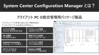 System Center Configuration Manager とは？
クライアント PC の統合管理用パッケージ製品
Intune との連携
マルチデバイス・機能連携
コンプライアンス設定
システム構成の監査
デバイスとユーザーを管理するのに役立つ機能を提供
IT スタッフやユーザーの生産性と効率を向上
 
