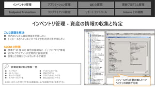 インベントリ管理 - 資産の情報の収集と特定
自動収集される情報一例
こんな課題を解決
◼ 社内のシステム構成情報を把握したい
◼ インストールされているソフトウエアや利用状況を把握したい
SCCM の特徴
◼ 標準で 30 種 200 属性の詳細なハード / ソフトウエア情報
◼ SCCM クライアントが定期的に自動収集
◼ 収集した情報はツールやレポートで確認
◼ ハードウェア
◼ OS バージョン
◼ ネットワーク設定
◼ アプリケーション一覧
◼ ディスク上のファイル
◼ 更新プログラム
◼ クライアントのステータス
◼ BitLocker のステータス
コンソールから自動収集したイン
ベントリの確認が可能※ OS 上のツールやコマンドで見れる情報のほとんどは収集が可能とお考え下さい
インベントリ管理 アプリケーション管理 OS の展開 更新プログラム管理
Endpoint Protection コンプライアンス設定 リモート コントロール Intune との連携
 