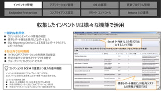 インベントリ管理 アプリケーション管理 OS の展開 更新プログラム管理
Endpoint Protection コンプライアンス設定 リモート コントロール Intune との連携
収集したインベントリは様々な機能で活用
コレクションは SCCM の重要かつ強力な基本機能
それ以外での利用例
◼ ライセンスやアプリケーションの利用状況の確認
◼ 特定の条件に合致するクライアントの特定
◼ グループ分け (コレクション) に活用
標準レポート機能により社内システ
ムの情報が確認できる
一般的な利用例
◼ コンソールからインベントリ情報の確認
◼ 標準レポート機能を使用してレポート出力
◼ SQL Reporting Service による高度なレポートやカスタム
レポートの作成
インベントリ情報を利用してグループ分けすることが可能。
またメンバーは自動的に更新することができ様々な面で活用可能。
コレクションを使用する例
◼ あるメーカーの機種の PC にのみ更新プログラムを配信
◼ 特定の部署のユーザーに対してのみアプリケーションを配信
◼ 特定のアプリが入っている PC のみレジストリ設定を配信する
Excel や PDF などの形式で出
力することも可能
 