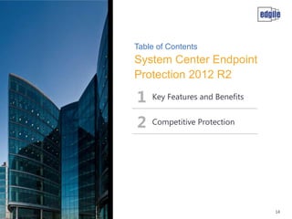 Table of Contents

System Center Endpoint
Protection 2012 R2

1

Key Features and Benefits

2

Competitive Protection

14

 