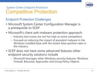 System Center Endpoint Protection

Competitive Protection
Endpoint Protection Challenges
 Microsoft System Center Configuration Manager is
a prerequisite to SCEP
 Microsoft's client anti-malware protection approach:
– Industry test scores are not has high as some competitors
– Focused on reducing the impact of prevalent malware in the
Windows installed base with the lowest false-positive rates in
the industry

 SCEP does not have some advanced features other
endpoint security solutions include
– Microsoft leverages other Windows security features: Windows
Firewall, BitLocker, AppLocker and Group Policy Objects
© 2014 Edgile, Inc. – All Rights Reserved

16

 