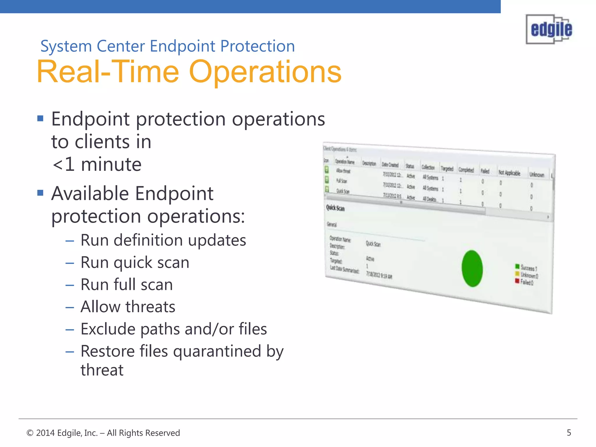 System Center Endpoint Protection

Real-Time Operations
 Endpoint protection operations
to clients in
<1 minute
 Available Endpoint
protection operations:
–
–
–
–
–
–

Run definition updates
Run quick scan
Run full scan
Allow threats
Exclude paths and/or files
Restore files quarantined by
threat

© 2014 Edgile, Inc. – All Rights Reserved

5

 