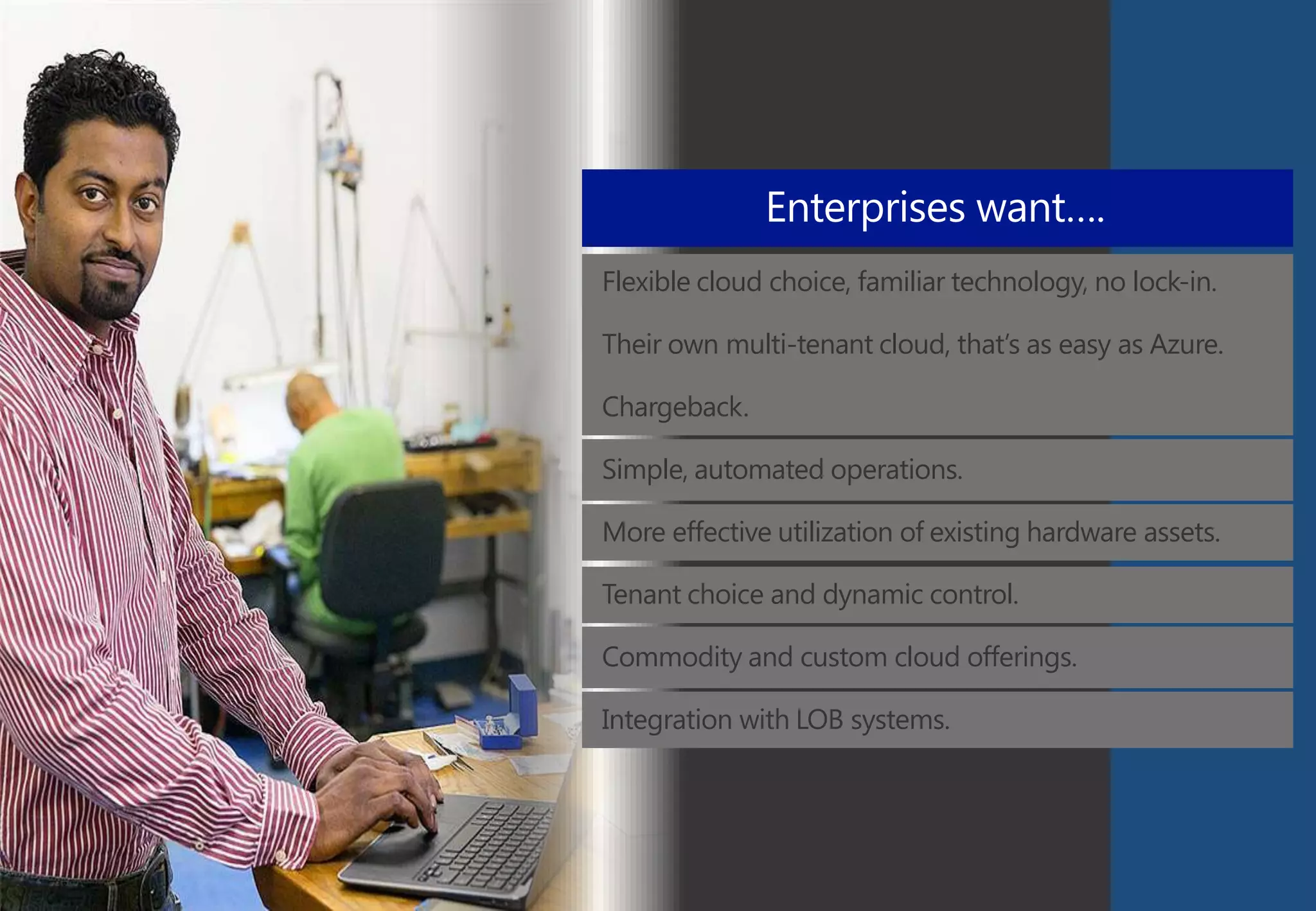 Enterprises want….
Flexible cloud choice, familiar technology, no lock-in.
Their own multi-tenant cloud, that’s as easy as Azure.
Chargeback.
Simple, automated operations.
More effective utilization of existing hardware assets.
Tenant choice and dynamic control.
Commodity and custom cloud offerings.
Integration with LOB systems.

 