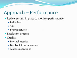 Approach – PerformanceReview system in place to monitor performanceIndividualSiteBy product, etc.Escalation processQualityInternal metricsFeedback from customersAudits/inspections