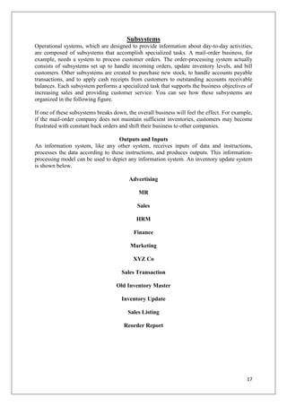 Subsystems
Operational systems, which are designed to provide information about day-to-day activities,
are composed of subsystems that accomplish specialized tasks. A mail-order business, for
example, needs a system to process customer orders. The order-processing system actually
consists of subsystems set up to handle incoming orders, update inventory levels, and bill
customers. Other subsystems are created to purchase new stock, to handle accounts payable
transactions, and to apply cash receipts from customers to outstanding accounts receivable
balances. Each subsystem performs a specialized task that supports the business objectives of
increasing sales and providing customer service. You can see how these subsystems are
organized in the following figure.

If one of these subsystems breaks down, the overall business will feel the effect. For example,
if the mail-order company does not maintain sufficient inventories, customers may become
frustrated with constant back orders and shift their business to other companies.

                                   Outputs and Inputs
An information system, like any other system, receives inputs of data and instructions,
processes the data according to these instructions, and produces outputs. This information-
processing model can be used to depict any information system. An inventory update system
is shown below.

                                         Advertising

                                             MR

                                            Sales

                                            HRM

                                           Finance

                                         Marketing

                                           XYZ Co

                                     Sales Transaction

                                   Old Inventory Master

                                     Inventory Update

                                        Sales Listing

                                      Reorder Report




                                                                                            17
 