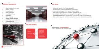 MISSION 
The company’s line of business includes the 
wholesale distribution of electronical devices, 
laptops, computers, computer peripheral 
equipment, and computer software. Through 
its innovative and entrepreneurial spirit, and its 
passion for customer service, Systemco s.a.r.l. 
assures customers and suppliers that they have 
chosen the right partner to accelerate their success. 
To ensure continued growth we monitor market 
trends and adapt to the wants of our clients. We 
not only look to improve on our processes but 
also expand our product lines. Systemco s.a.r.l. 
strives for innovative technology, great products, 
responsive service, and lasting value. 
Our duty is to ensure absolute customer 
satisfaction. We stand behind all of our products 
with a comprehensive warranty policy. We have 
highly responsive reseller channels and dedicated 
Technical Support teams available to quickly 
resolve any support issues and RMA services in our 
specialized repair center available 24/7/365. 
Systemco s.a.r.l. guarantees that its products are 
with the highest quality and reliability in order 
to ensure optimum system performance and 
minimum system downtime. 
Therefore, we rapidly gained the reputation 
for being a Computer Company that meets its 
Systemco Corparate Profile 
4 
commitments to its customers and constantly 
accomplishes service levels beyond our customers’ 
expectations. 
We are dedicated about listening to our customers, 
developing long term relationships of trust and 
providing innovative solutions. 
The degree of our success is apparent in the fidelity 
and endorsements we obtain from our clients. 
 