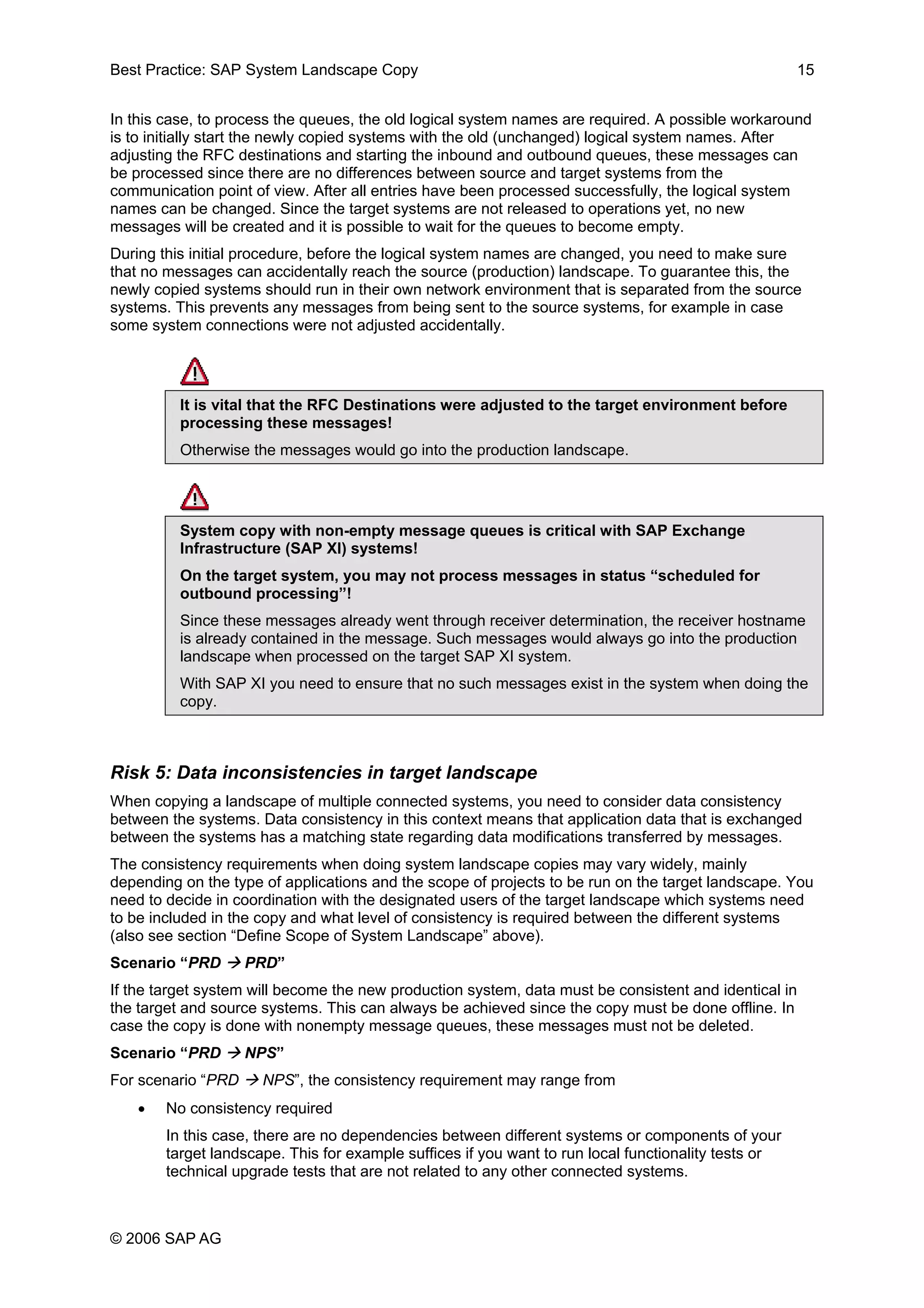 Best Practice: SAP System Landscape Copy 15
In this case, to process the queues, the old logical system names are required. A possible workaround
is to initially start the newly copied systems with the old (unchanged) logical system names. After
adjusting the RFC destinations and starting the inbound and outbound queues, these messages can
be processed since there are no differences between source and target systems from the
communication point of view. After all entries have been processed successfully, the logical system
names can be changed. Since the target systems are not released to operations yet, no new
messages will be created and it is possible to wait for the queues to become empty.
During this initial procedure, before the logical system names are changed, you need to make sure
that no messages can accidentally reach the source (production) landscape. To guarantee this, the
newly copied systems should run in their own network environment that is separated from the source
systems. This prevents any messages from being sent to the source systems, for example in case
some system connections were not adjusted accidentally.
It is vital that the RFC Destinations were adjusted to the target environment before
processing these messages!
Otherwise the messages would go into the production landscape.
System copy with non-empty message queues is critical with SAP Exchange
Infrastructure (SAP XI) systems!
On the target system, you may not process messages in status “scheduled for
outbound processing”!
Since these messages already went through receiver determination, the receiver hostname
is already contained in the message. Such messages would always go into the production
landscape when processed on the target SAP XI system.
With SAP XI you need to ensure that no such messages exist in the system when doing the
copy.
Risk 5: Data inconsistencies in target landscape
When copying a landscape of multiple connected systems, you need to consider data consistency
between the systems. Data consistency in this context means that application data that is exchanged
between the systems has a matching state regarding data modifications transferred by messages.
The consistency requirements when doing system landscape copies may vary widely, mainly
depending on the type of applications and the scope of projects to be run on the target landscape. You
need to decide in coordination with the designated users of the target landscape which systems need
to be included in the copy and what level of consistency is required between the different systems
(also see section “Define Scope of System Landscape” above).
Scenario “PRD PRD”
If the target system will become the new production system, data must be consistent and identical in
the target and source systems. This can always be achieved since the copy must be done offline. In
case the copy is done with nonempty message queues, these messages must not be deleted.
Scenario “PRD NPS”
For scenario “PRD NPS”, the consistency requirement may range from
• No consistency required
In this case, there are no dependencies between different systems or components of your
target landscape. This for example suffices if you want to run local functionality tests or
technical upgrade tests that are not related to any other connected systems.
© 2006 SAP AG
 