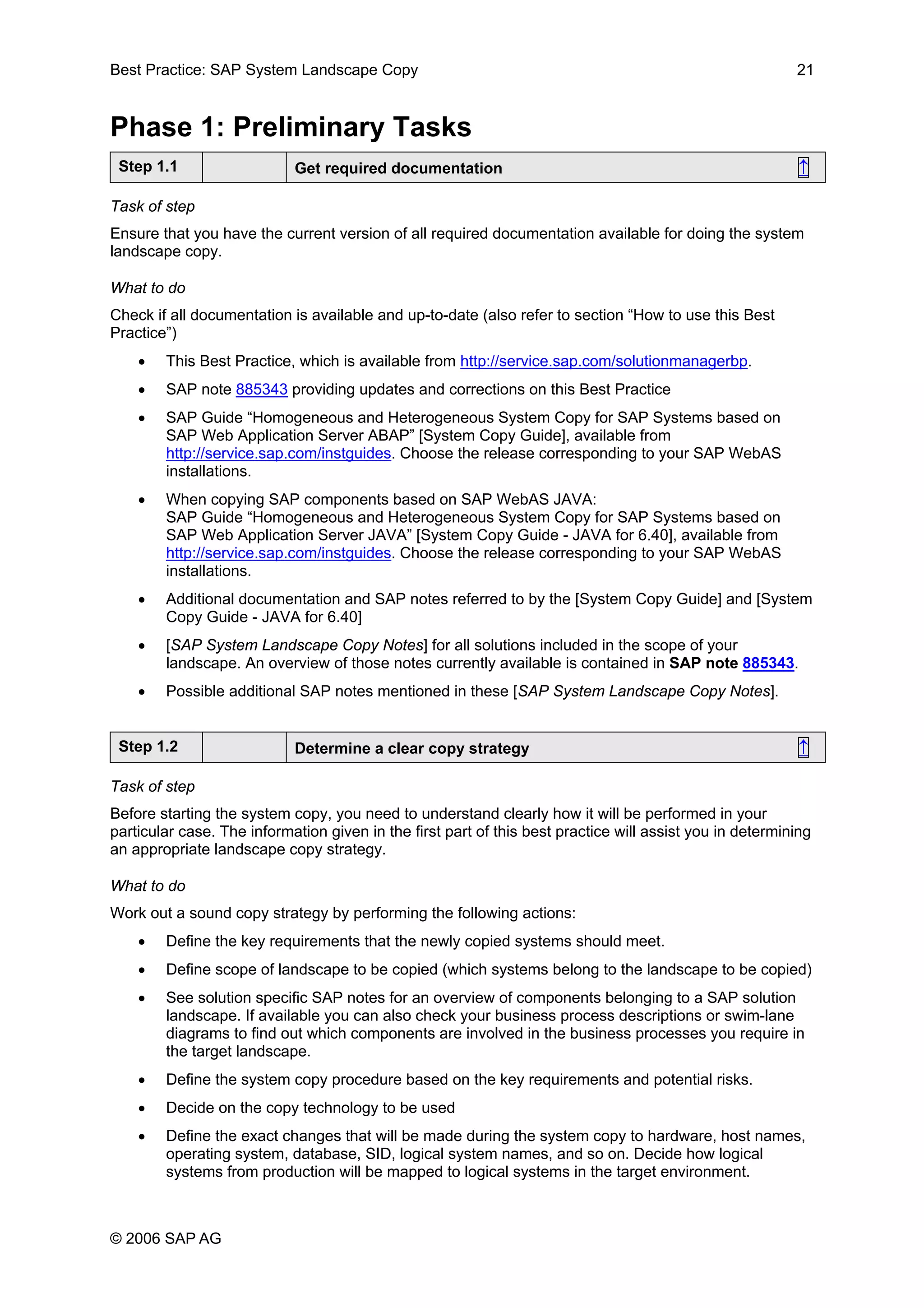 Best Practice: SAP System Landscape Copy 21
Phase 1: Preliminary Tasks
Step 1.1 Get required documentation ↑
Task of step
Ensure that you have the current version of all required documentation available for doing the system
landscape copy.
What to do
Check if all documentation is available and up-to-date (also refer to section “How to use this Best
Practice”)
• This Best Practice, which is available from http://service.sap.com/solutionmanagerbp.
• SAP note 885343 providing updates and corrections on this Best Practice
• SAP Guide “Homogeneous and Heterogeneous System Copy for SAP Systems based on
SAP Web Application Server ABAP” [System Copy Guide], available from
http://service.sap.com/instguides. Choose the release corresponding to your SAP WebAS
installations.
• When copying SAP components based on SAP WebAS JAVA:
SAP Guide “Homogeneous and Heterogeneous System Copy for SAP Systems based on
SAP Web Application Server JAVA” [System Copy Guide - JAVA for 6.40], available from
http://service.sap.com/instguides. Choose the release corresponding to your SAP WebAS
installations.
• Additional documentation and SAP notes referred to by the [System Copy Guide] and [System
Copy Guide - JAVA for 6.40]
• [SAP System Landscape Copy Notes] for all solutions included in the scope of your
landscape. An overview of those notes currently available is contained in SAP note 885343.
• Possible additional SAP notes mentioned in these [SAP System Landscape Copy Notes].
Step 1.2 Determine a clear copy strategy ↑
Task of step
Before starting the system copy, you need to understand clearly how it will be performed in your
particular case. The information given in the first part of this best practice will assist you in determining
an appropriate landscape copy strategy.
What to do
Work out a sound copy strategy by performing the following actions:
• Define the key requirements that the newly copied systems should meet.
• Define scope of landscape to be copied (which systems belong to the landscape to be copied)
• See solution specific SAP notes for an overview of components belonging to a SAP solution
landscape. If available you can also check your business process descriptions or swim-lane
diagrams to find out which components are involved in the business processes you require in
the target landscape.
• Define the system copy procedure based on the key requirements and potential risks.
• Decide on the copy technology to be used
• Define the exact changes that will be made during the system copy to hardware, host names,
operating system, database, SID, logical system names, and so on. Decide how logical
systems from production will be mapped to logical systems in the target environment.
© 2006 SAP AG
 